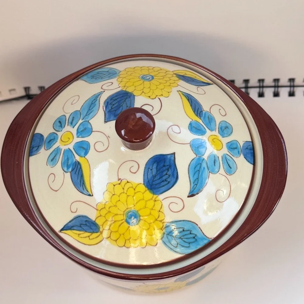 Temp-Tations Yellow & Blue Floral 1 Qt Casserole Presentable Ovenware Crock
